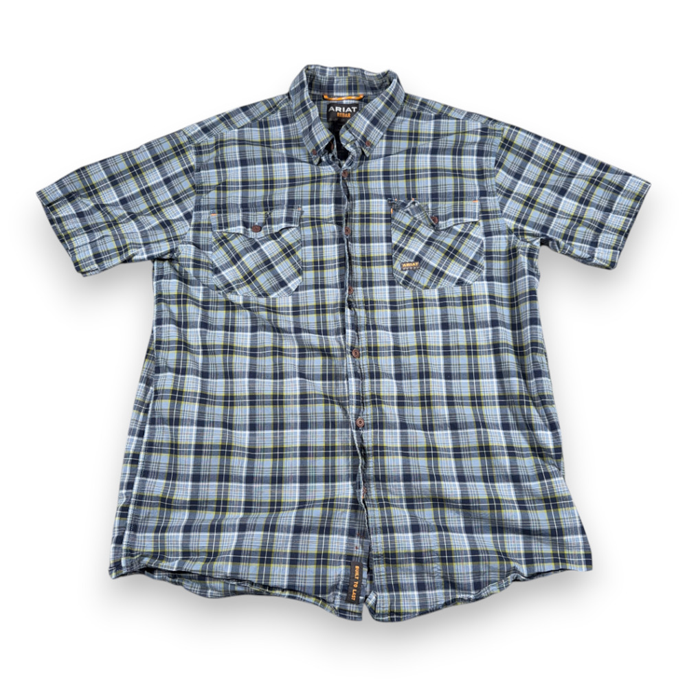 Ariat Shirt Adult LARGE Blue Plaid Rebar Workwear Outdoor Pockets Stretch